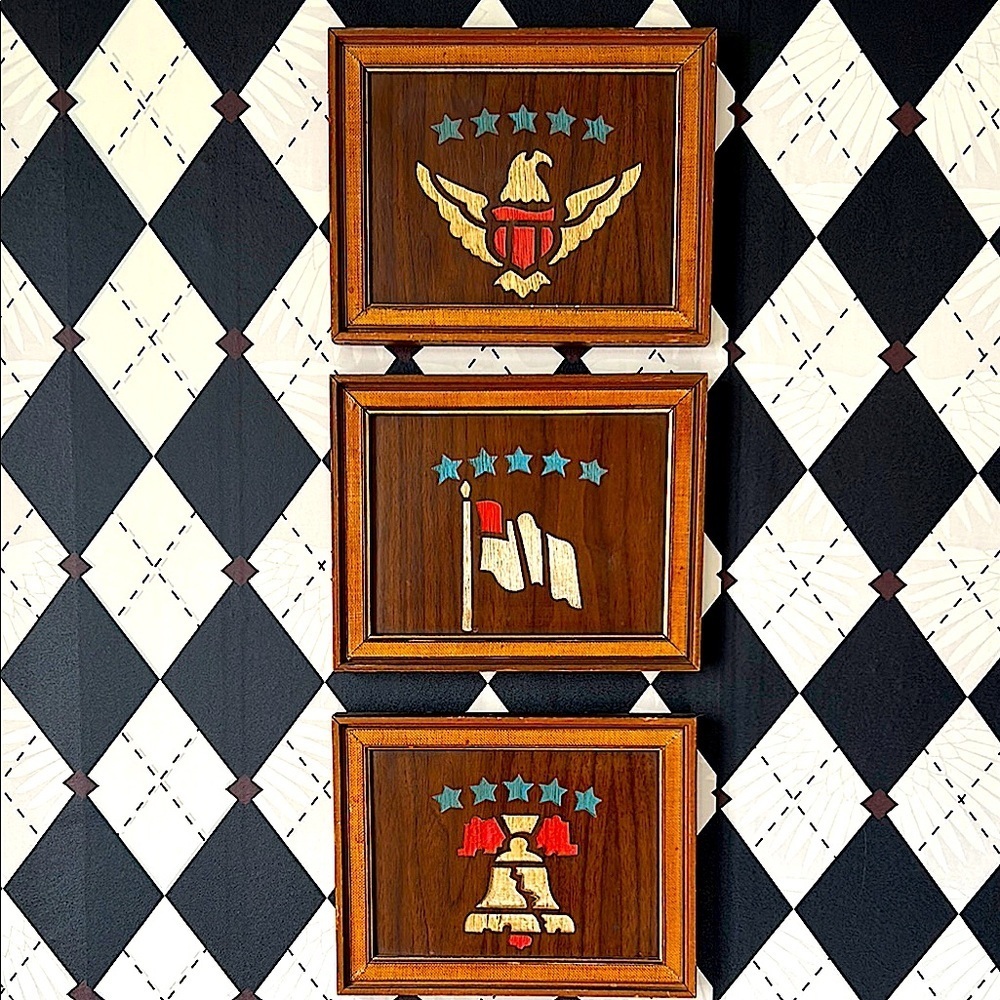 Vintage Patriotic Set of 3 Etched & Painted Wood Art –‎ Patriotic Elegance